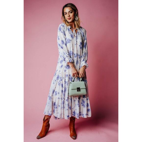 Free People Feeling Groovy Maxi Dress White & Blue Floral XL - Picture 1 of 6